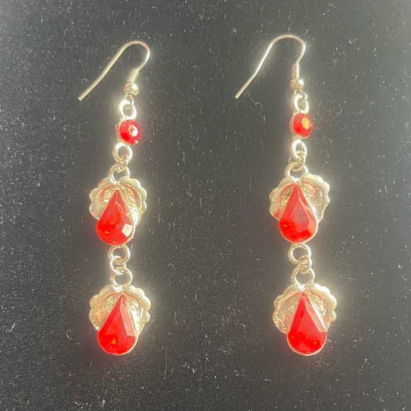 Vintage Silver Toned Red Faux Gem Dangle Earrings - Picture 2 of 5